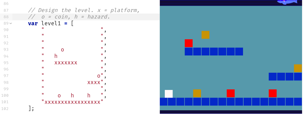 Figure 5.grid - Grid based editing of level design with a simple key for hazards, coins, and platforms.